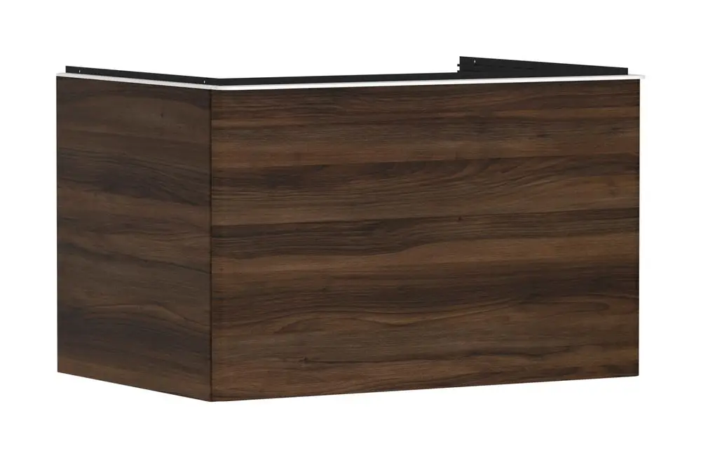 Waschtischunterschrank in dunklem Nussbaum von Hansgrohe, mit gerader Form und einem Schubkasten, geeignet für den Einsatz mit Aufsatzwaschtischen.